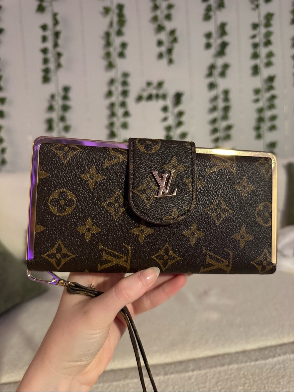 Brown Monogram Canvas Wristlet Wallet with Gold Hardware
